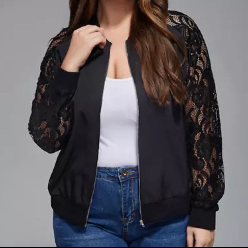 CS Curvesoul Plus Black Floral Lace Zipper Lightweight Raglan Sleeve Jacket 3XL